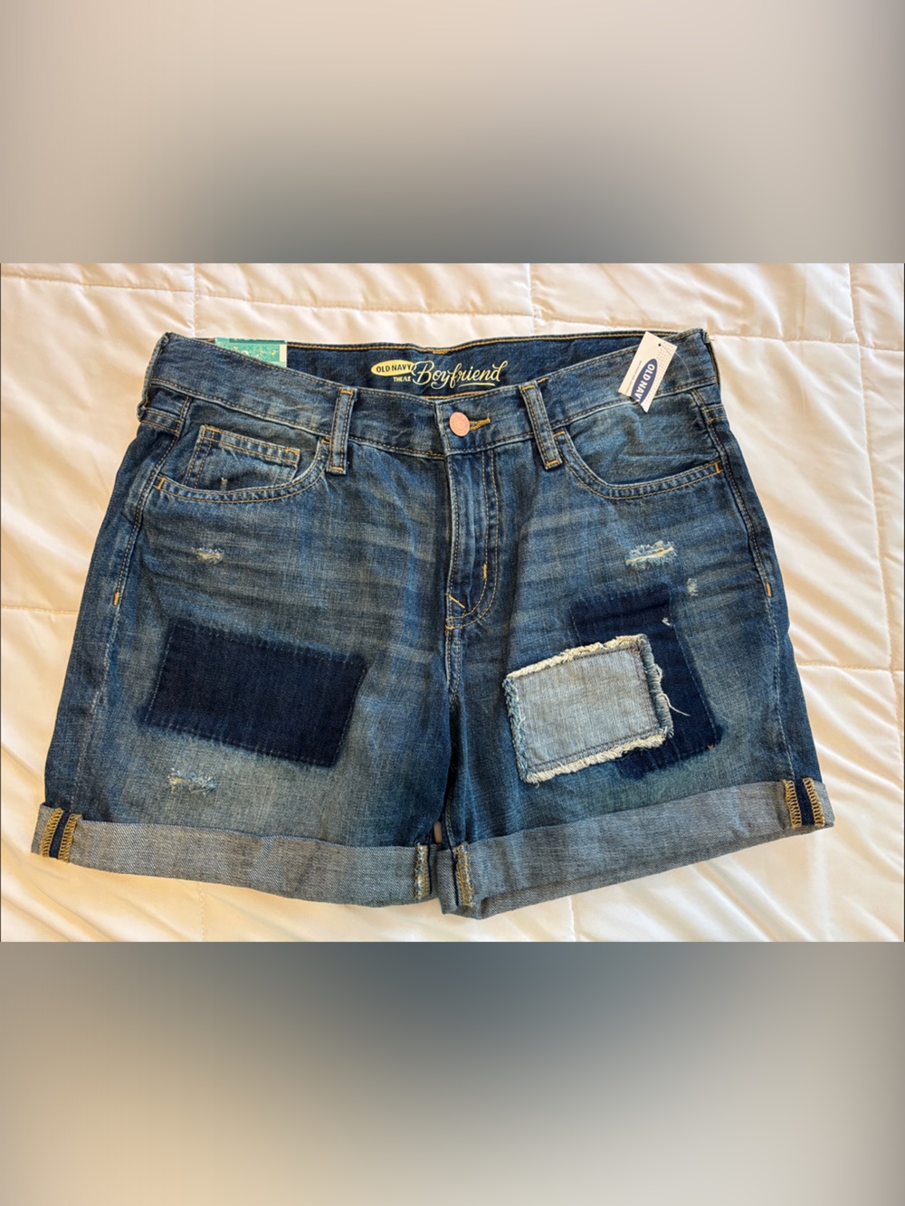 Old Navy Women’s Dark Blue Boyfriend Denim Shorts with Patchwork